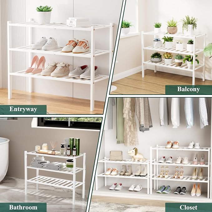 Smiry Bamboo Shoe Rack, 12 Vertical Slats, 2 Tier - 17.3" Wide, White | Stackable Free Standing Wooden Shoe Organizer, Wood Shoe Storage Shelf for Closet, Entryway
