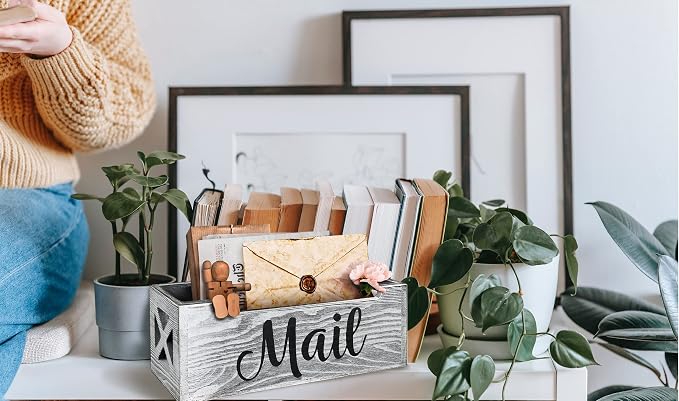 Wooden Mail Organizer Countertop | Grey Mail Holder for Wall | Rustic Desk Mail Sorter Basket Letter Holder for Home Office Entryway Decor