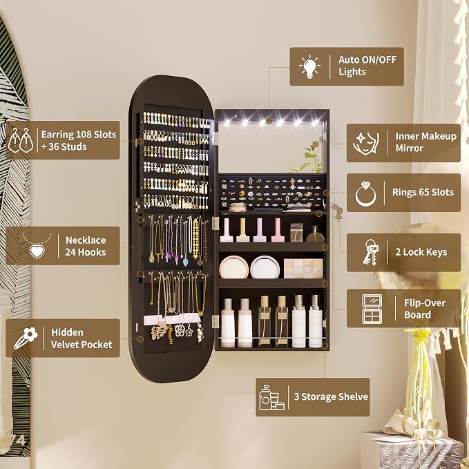 LED Mirror Jewelry Cabinet, Wall/Door Jewelry Organizer, 16" W Black | Lockable Jewelry Armoire with Full Length Mirror, 65 Ring and 108 Earring Slots, Foldable Shelf, Rounded Corner