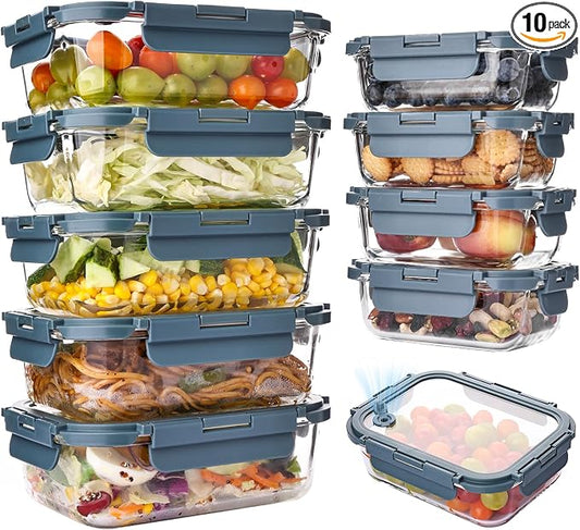 Liuruiyu 10 Pack Glass Food Storage Containers with Glass Lids, Airtight Meal Prep Containers, Leak-Proof Bento Boxes for Microwave, Oven, Freezer & Dishwasher, BPA-Free