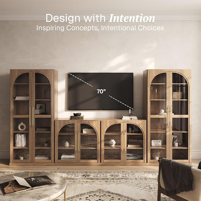 BELLEZE 4-Piece Modular TV Stand Set - 2 Arched Glass Door Sideboard Buffet and 2 Tall Storage Cabinets, Classic Modern Modular Entertainment Center with Adjustable Shelves for Living Room(Camel)