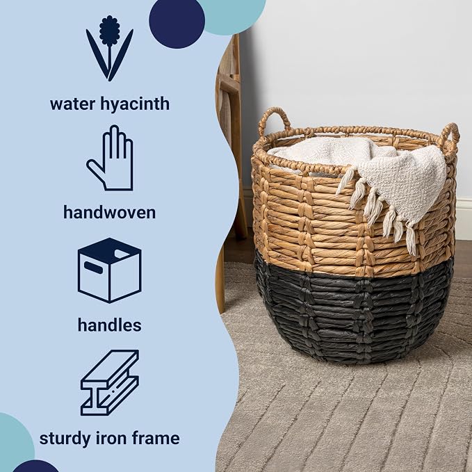 happimess Laurel Hand-Woven Abaca Storage Basket 19", Natural/Black | Wicker Seagrass Container with Handles for Decoration, Laundry Room Entryway Hamper, 22 Pounds Capacity, Braided Accents