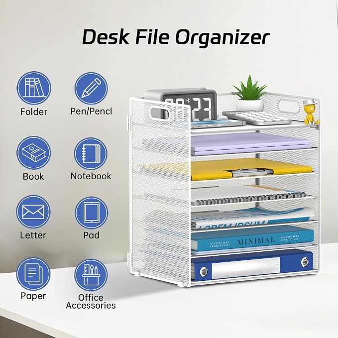 7 Tier Paper Organizer for Desk with Letter Trays & Handle White | Black Desk File Organizer with Handle for Sorting Papers, Files, Folders, Mail, Bills and Office Supplies