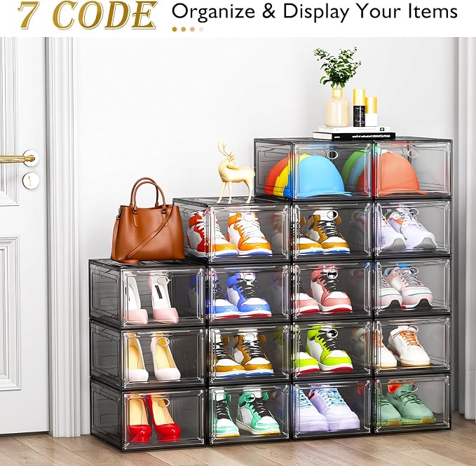 Large Thick Clear Shoe Organizer, Magnetic Door Stackable Shoe Storage Box | Foldable Shoe Storage Boxes for Sneakers & Boots, Space-Saving Closet Shoe Cabinet with Clear Magnetic Door, 9 Pack Black