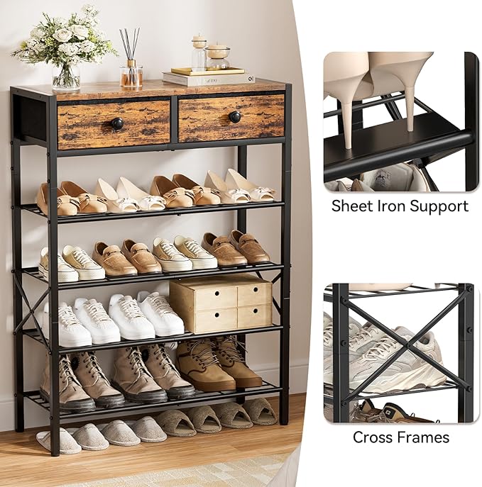 5 Tier Shoe Rack with 2 Drawers, 16-20 Pairs Rustic Brown | Holds 16-20 pairs. 2 drawers for socks/keys. Removable layer for boots. Anti-tip kit included. Quick assembly.
