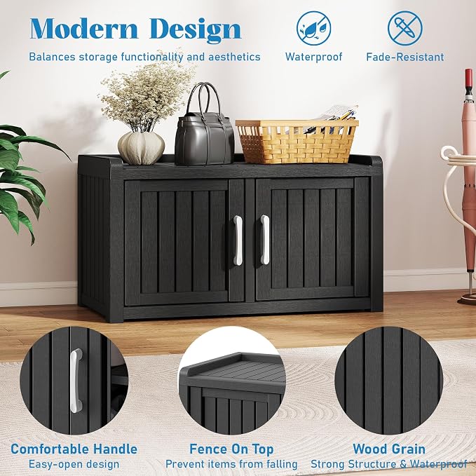 2-Tier Storage Bench, Waterproof UV-Resistant Outdoor Shoe Storage Cabinet with 2 Doors & Adjustable Shelves for Indoor Outdoor Entryway, Hallway, Living Room (Black)