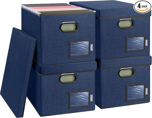 BALEINE File Organizer Box with Lid, Collapsible File Folder Organizer with Plastic Slide, Filing Box for Office Home Document Organizer Storage (Blue, 4PK)