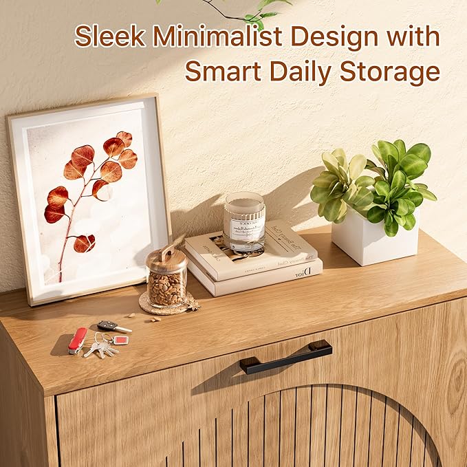 Farmhouse Shoe Cabinet Storage for Entryway, Slim Shoe Rack Cabinet with 4 Flip Drawers, Narrow Shoe Organizer Cabinet with Stylish Round Panel, Metal Leg and Handle