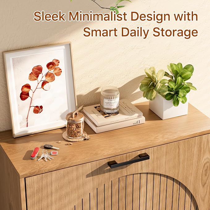 Farmhouse Shoe Cabinet Storage for Entryway, Slim Shoe Rack Cabinet with 2 Flip Drawers, Narrow Shoe Organizer Cabinet with Stylish Round Panel, Metal Leg and Handle