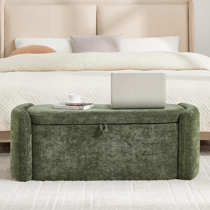 Oval Storage Ottoman Bench, 45" Upholstered Chenille End of Bed Storage Bench, Foot Rest Ottoman with Storage, Bedroom Living Room and Hallway,Green