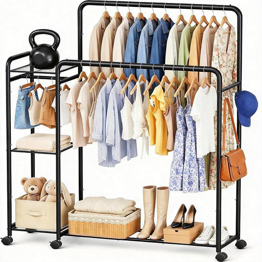 Heavy Duty Clothes Rack with Wheels, Double Rod Clothing Rack with Storage Shelves & Hooks, Rolling Garment Rack and Portable Closet Organizer for Bedroom, Laundry Room, Apartment