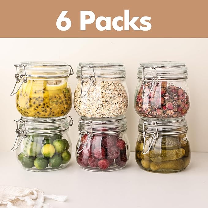 Liuruiyu 16oz - 6 Pack Round Glass Jars with Airtight Lid, Wide Mouth Mason Jars with Clamp Lids, Air Tight Glass Canisters, Food Storage Containers for Cereal, Pasta, Beans, Sugar, Coffee, Spice