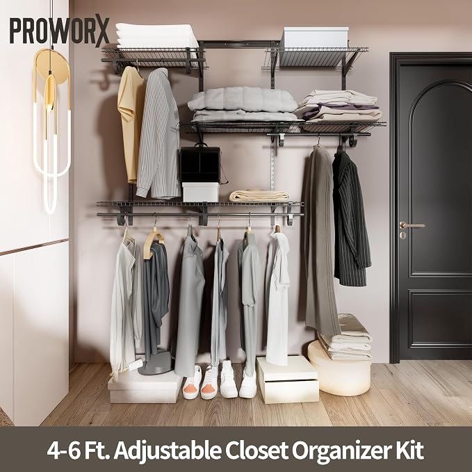 PROWORX 4-6 Ft. Charcoal Gray Custom Wire Closet Organizer System Kit | Adjustable Wall Mounted Metal Wire Closet Shelving System, Closet Shelves with Hanging Rods for Pantry Laundry Mudroom
