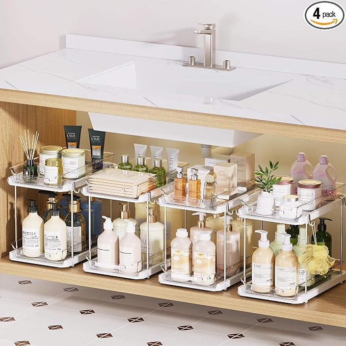 Delamu 2 Tier Under Sink Organizer Bathroom, Bathroom Cabinet Organizer with Snap-Lock Design and Hooks, Pull Out Storage with Movable Dividers, for Countertop, Kitchen and Pantry (White, 4 Pack)