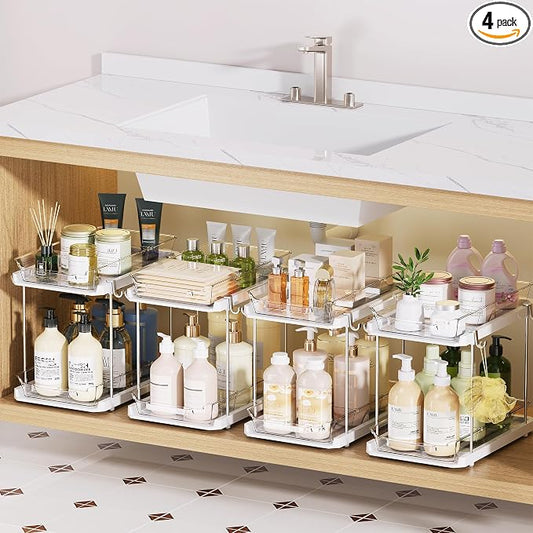 Delamu 2 Tier Under Sink Organizer Bathroom, Bathroom Cabinet Organizer with Snap-Lock Design and Hooks, Pull Out Storage with Movable Dividers, for Countertop, Kitchen and Pantry (White, 4 Pack)