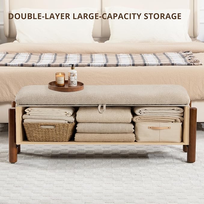55'' Modern Storage Ottoman Benches | Walnut Wood Legs 26 Gallons Storage Space Fabric Upholstered Seating End of Bed for Bedroom Livingroom Khaki