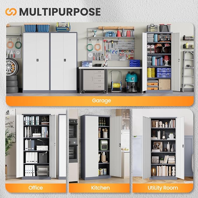 Metal Garage Storage Cabinets with Lock, 72" Tall Tool Cabinet with 2 Door and 4 Adjustable Shelves, Locking Garage Cabinets and Lockable Steel Locker for Home Office Warehouse-(Gray White-72”H)