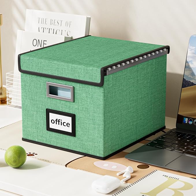 File Organizer Box with Lids, Collapsible File Folder Organizer | File Box with Plastic Slides for Document, Filing Bin for Letter Size Hanging File Folders (1 Pack, Light Green)