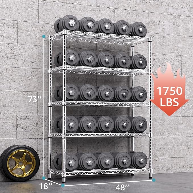 M MZG 1750 LBS Storage Shelves 5-Tier Utility Shelving Unit Steel Organizer Wire Rack for Home,Kitchen,Office,Garage, Capacity 17.7" D x 47.2" W x 72.3" H