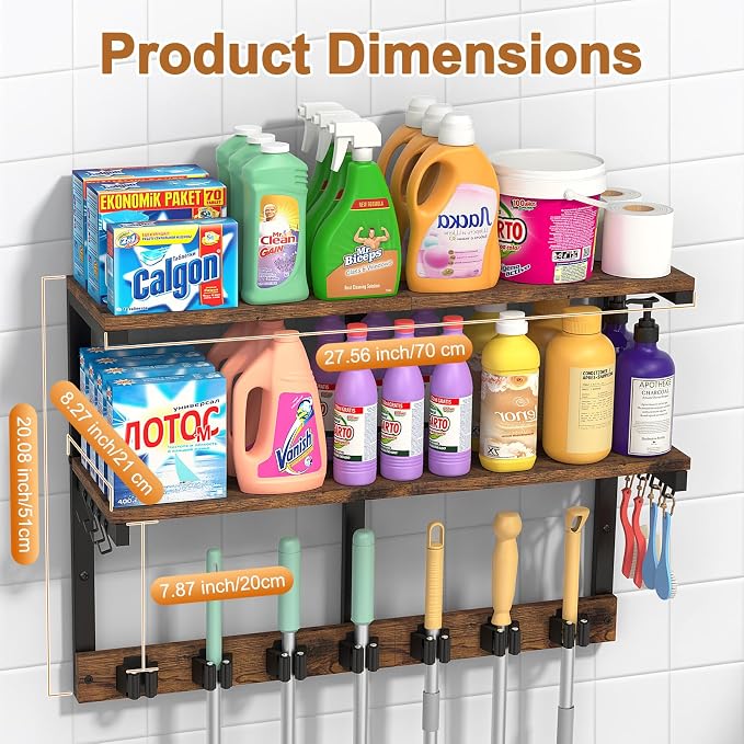 Housolution Wall Mount Broom Holder Laundry Room Storage Organizer Shelves | 2 Tier Large Capacity, Thickened Metal Frame, 100 LBS High Load-Bearing, Multifunctional with 7 Grippers & 8 Hooks