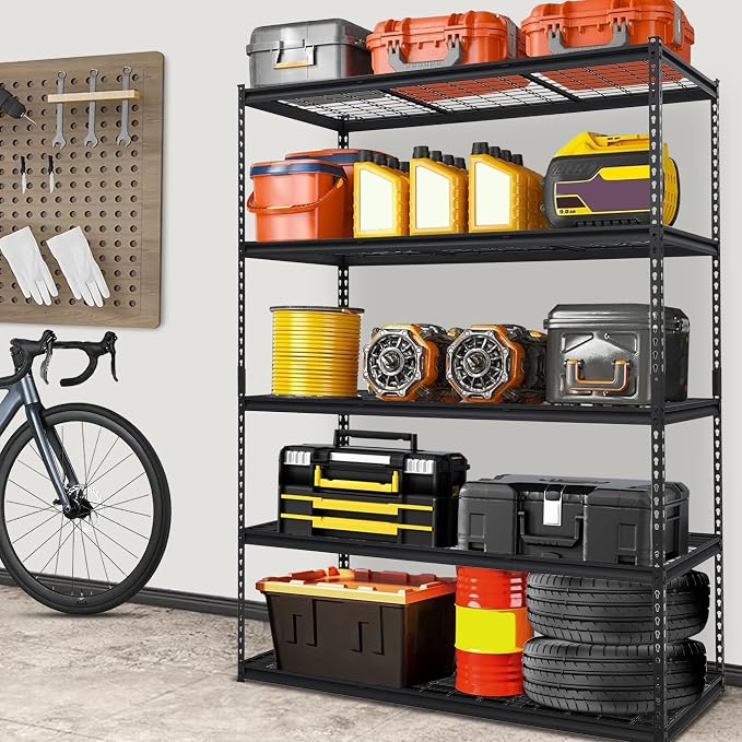 Garage Storage Shelves 5 Tiers, Heavy Duty Storage Shelving Racks with 2500 LBS Capacity, 60 in L x 24 in W x 78 in H Metal Adjustable Utility Shelving Unit for Garage Organization, Basement, Workshop