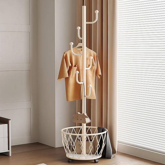 Off-White Moveable Cactus Metal Coat Rack with Basket Freestanding | Modern Organizer for Scarf Jacket Hat Bags Ideal for Home Entryway Bedroom Corner Stable