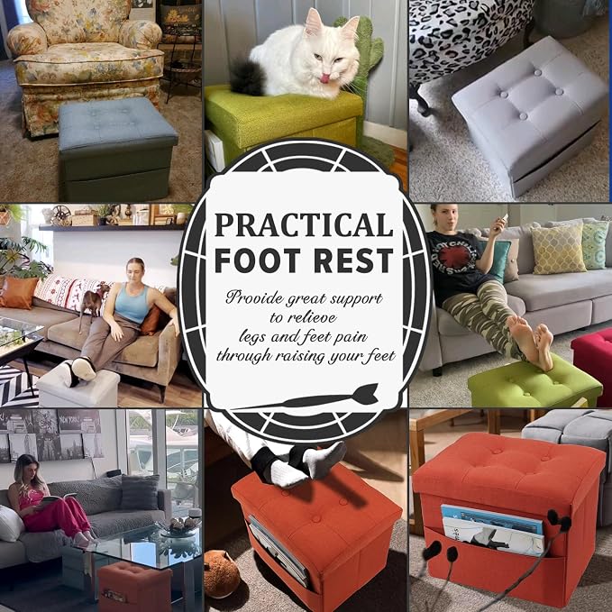 LINMAGCO Small Storage Ottoman Stool Foot Rest Stool Under Desk Stool Short Folding Ottoman Linen Cloth Light Gray 17X13X13IN