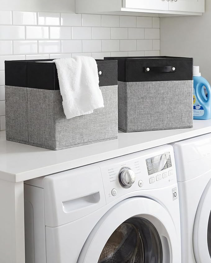 FinishingBo 13 inch Cube Storage Bins with Handles 4 Pack | Foldable Linen Storage Baskets, Closet Organizers, Shelf Baskets, Black Grey