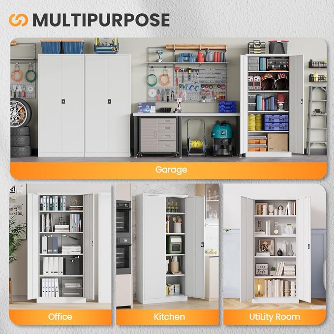 Metal Garage Storage Cabinets with Lock, 71" Tall Tool Cabinet with 2 Door and 4 Adjustable Shelves, Locking Garage Cabinets and Lockable Steel Locker for Home Office Warehouse - (White-71”H)