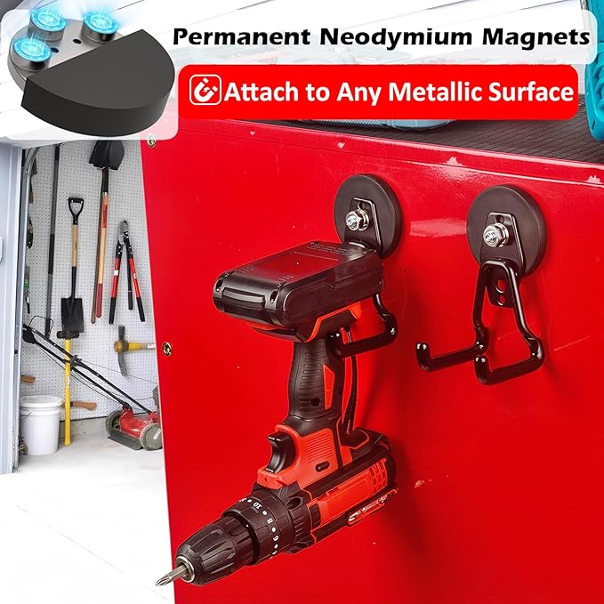 MUTUACTOR Upgraded Strong Magnetic Hooks Heavy Duty,4-Pack Unique Mounting Magnet with Hook,20lbs Durable Storage Magnet Hook for Storing Cordless Impact Drivers Trailer Cord Garage Tools