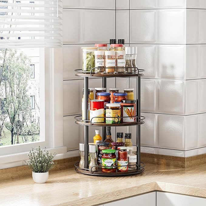 LAMU 12'' Wood Lazy Susan Turntable Organizer for Cabinet, 3 Tier Lazy Susan Spice Rack Organizer for Kitchen, Wood Turntable for Table Top, Countertop, Pantry, Bathroom