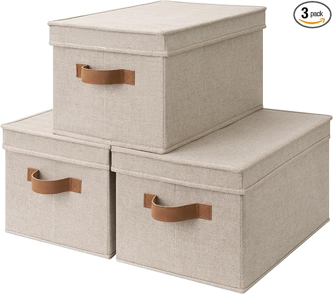 StorageWorks Fabric Storage Bins with Lids, Decorative Storage Bins with PU Handles, Foldable Storage Baskets for Closet, Shelves, Stackable and Sturdy Organization, Brown and Beige, Large, 3-Pack
