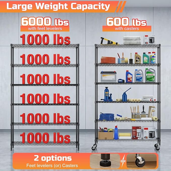 FDW | 6-Tier Wire Shelf with Wheels | 48" x 18" x 76" | Black | Storage Shelves with Adjustable Racks, Holds upto 600 lbs | Rust-Resistant, No-Tool Assembly | For Home, Garage