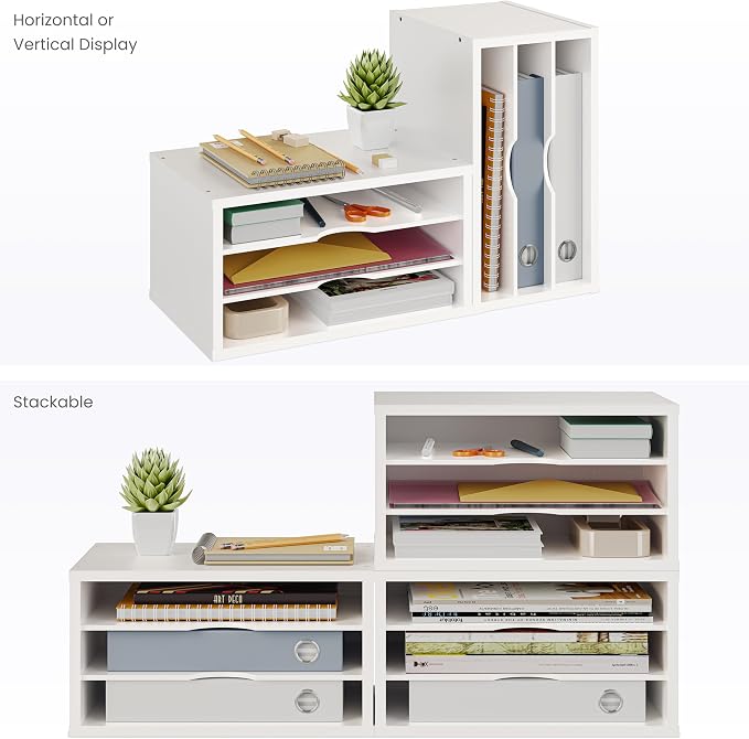 Ballucci File Organizer, 3-Tier Document Paper Sorter, Stackable Wood Desk Organizer, Mail Sorter and Monitor Stand with Storage Shelves, White
