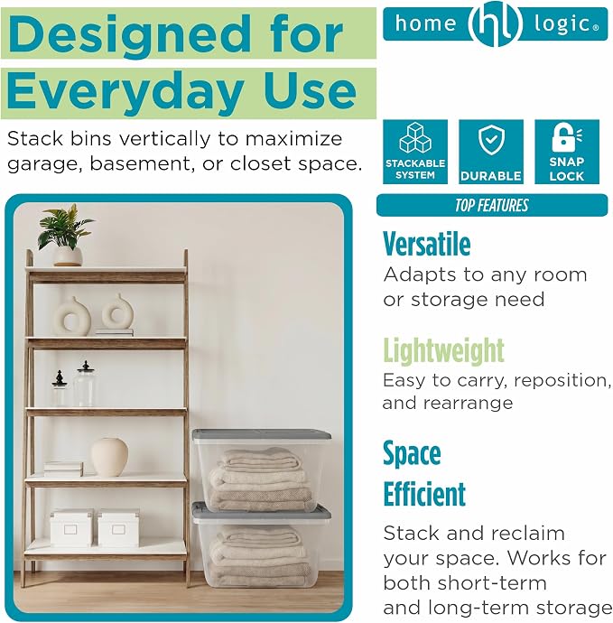 Home Logic 66 Qt Latched Storage Bin with Lid, Stackable Plastic Storage Container, Organizer for Home, Garage & Closet, 6 Pack, Gray
