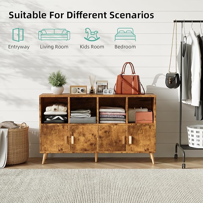 8-Cube Storage Organizer with Doors & 5 Solid Wood Legs, Mid-Century Modern Bookshelf with Seamless Top, Horizontal Cubby Toy Storage for Kids, Sideboard Media Console fits 11" Bins, Rustic Brown