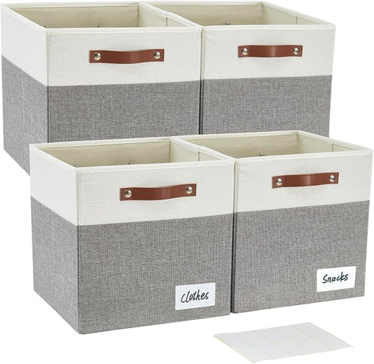 Bagnizer Collapsible Fabric Storage Cube Bins with 2 Reinforced PU Handles, Foldable Storage Organizer Baskets for Closet, Shelves, Living Room | 13"x13"x13", 4 Pack, Gray & White