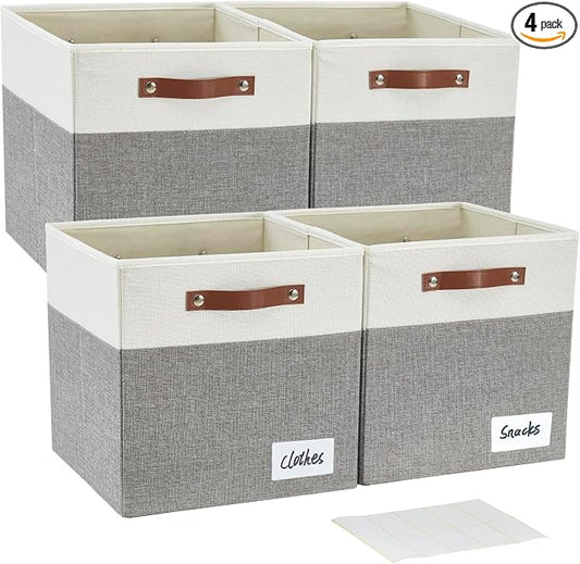 Bagnizer 13x15x13 Storage Cube Bins, Foldable Storage Organizer Baskets, Fabric Cube Storage Boxes with 2 Reinforced PU Handles for Kallax, Shelves, Living Room | 4 Pack, Gray & White