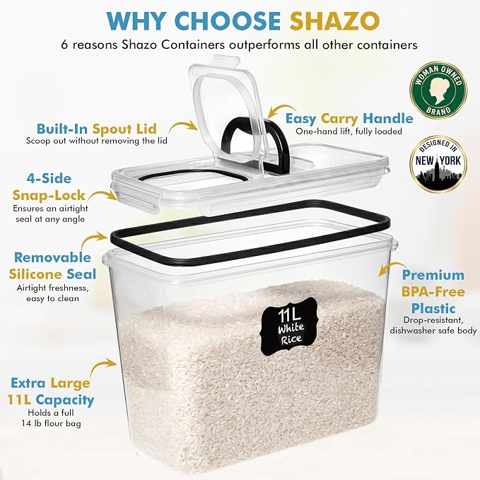 Shazo 2 PC (11L | 372 oz) Flour Sugar Storage Containers with Spout Lid & Easy Carry Handle - BPA Free Extra Large Airtight Food Storage Containers with Lids - Rice Canisters Sets for Kitchen & Pantry