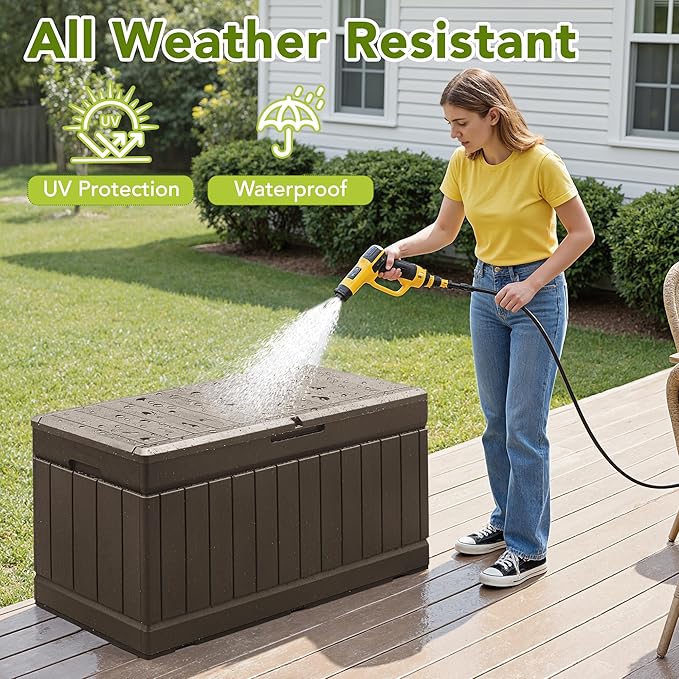 Devoko 78 Gallon Deck Box, Waterproof Resin Outdoor Storage Box | Outdoor Storage Bench Lockable for Outside and Patio Furniture, Garden Tools and Pool Supplies
