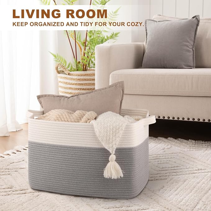 OIASKET Blanket Basket for Living Room, Cotton Rope Basket for Storage, Toy Baskets Bin for kids, Woven Baskets with Handles for Clothes, Towels, Pillows, 20" x 16" x 12", Grey and White