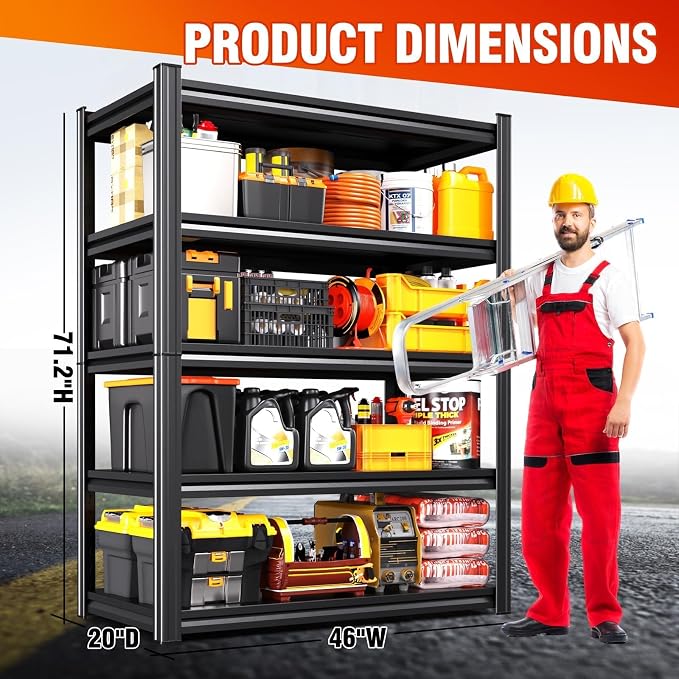 2-pack 46''W Storage Shelves,Adjustable Shelving Unit,5T Metal Garage Shelving ,Heavy Duty Garage Storage Shelves, Quick-Install Metal Shelving Unit Utility Rack Shelf for Warehouse 72H*46W*20''D