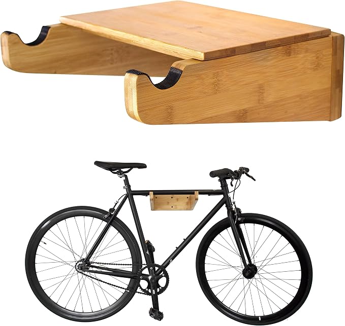 COR Bamboo Bike Wall Mount Rack w/Shelf, Indoor Bicycle Storage | Silicone-Padded Hooks, Holds 40lbs, Fits Oval Frames, Doubles as Shelf, Sustainable Bamboo, Stud-Mount Hardware Included