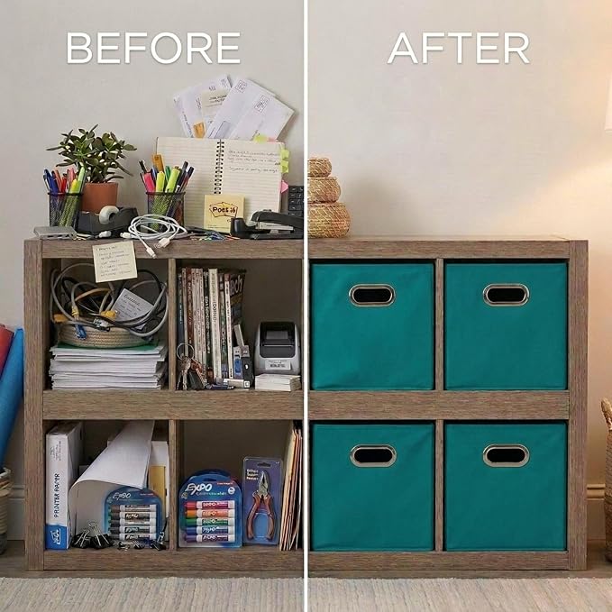 Household Essentials Fabric Storage Bins in Strong Poly‑Woven Fabric, Sturdy Chipboard Sides, Grommet Front Handle, Teal Green, Set of 6