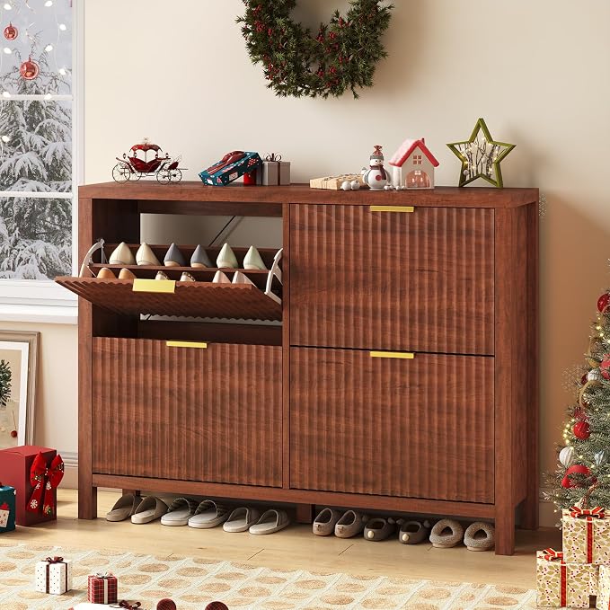 47" Fluted Shoe Cabinet Stoarge with 4 Flip Drawers for Entryway, Hallway | Hidden Shoe Rack Slim Freestanding Shoe Organizer with Legs for Hallway, Living Room, Red Walnut