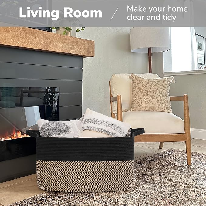 Goodpick 75L Extra Large Woven Blanket Basket, 22" x 17" x 12", Black Jute | Decorative Rectangle Basket for Blankets, Pillows & Toys Storage, Living Room & Bedroom Organization, Nursery & Home Decor