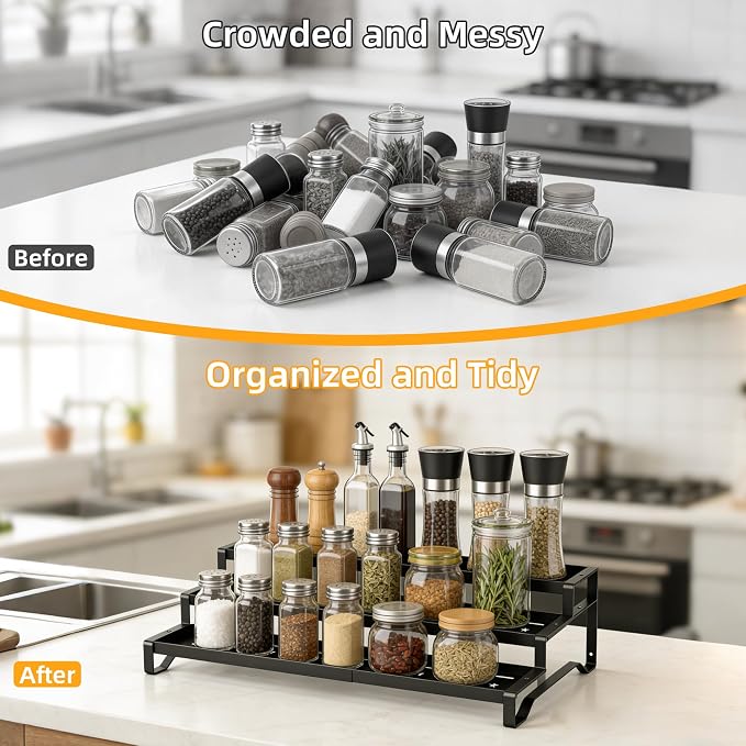 Spice Rack Organizer for Cabinet, 13-21.5" Expandable Spicy Shelf | 3-Tier Metal Seasoning Organizer, Kitchen Spice Organization, Slip-Resistant Guardrails for Jars, Bottles and Cans, Black