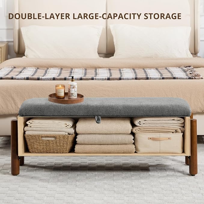 55'' Modern Storage Ottoman Benches | Walnut Wood Legs Ottoman 26 Gallons Storage Space Fabric Upholstered Seating End of Bed for Bedroom Livingroom Darkgrey