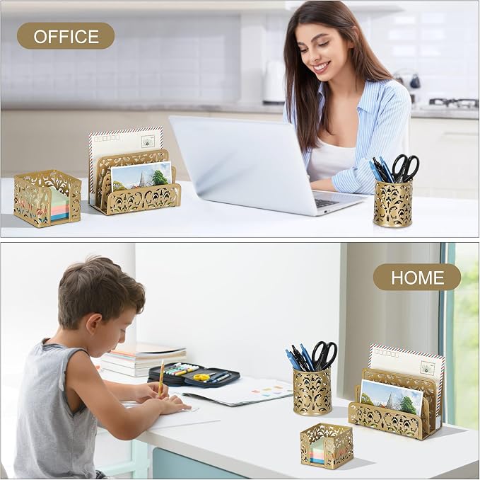 EasyPAG Desk Organizers and Accessories 3 Pieces Office Organizer Set - Pen Holder for Desk, Mail Sorter Countertop and Sticky Note Holder, Gold