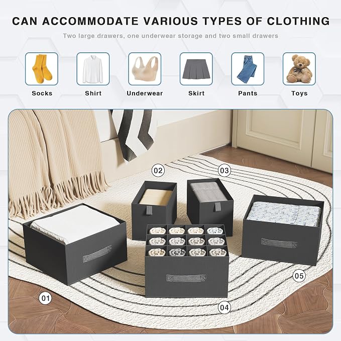 6-Shelf Hanging Closet Organizer with 5 Drawers, Non-Woven, Dark Gray | Spacious compartments sort clothes & undergarments; foldable drawers add hidden storage for closets, wardrobes or RVs.